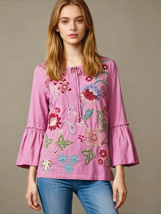 Johnny Was Tops - NWOT JOHNNY WAS Freyde Cotton Embroidered Floral Tee 3/4 Sleeves Shirt Size S
